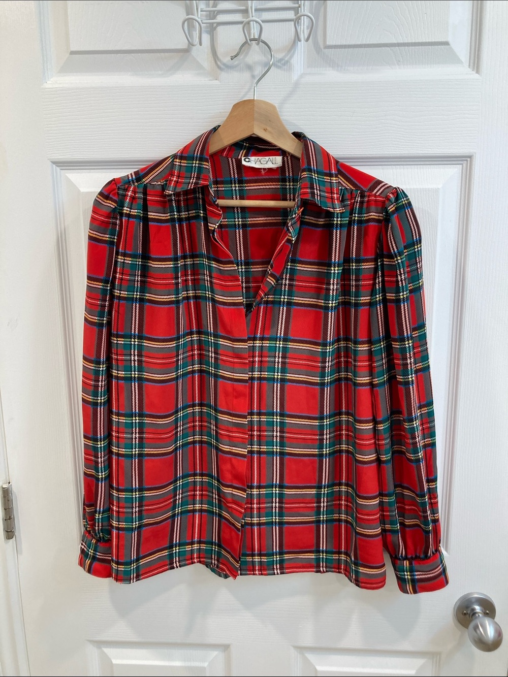 Vintage 80’s CHAGALL Red Plaid Button-Front Blouse, polyester
